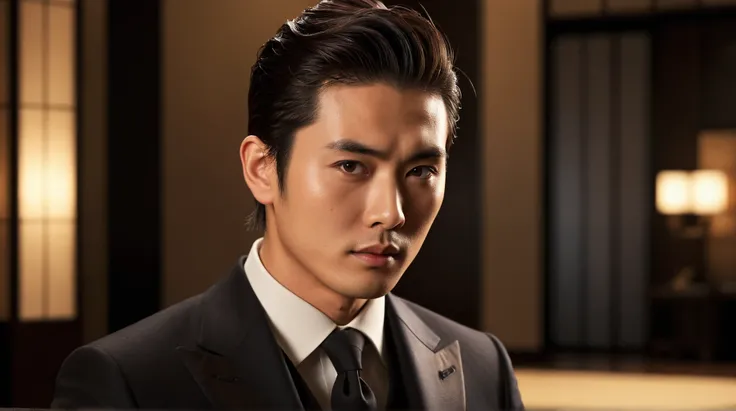 A 25-year-old Japanese male. Dark brown hair pulled back, a gentleman in a sophisticated suit. High quality, photorealistic, detailed facial expression, exquisite detail. Warm lighting, elegant atmosphere, shallow depth of field, dramatic lighting, chiaros...