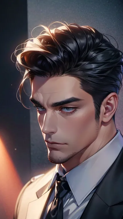 (             CEO      ,4K,8k,         highres,        masterpiece :1.2),         ultra-detailed   ,(Realistic,photoRealistic,photo-Realistic:1.37),36-year-old man,3 day beard,Beautiful anime,Portraits,strong,masculine,          with black hair  ,sharp jaw...