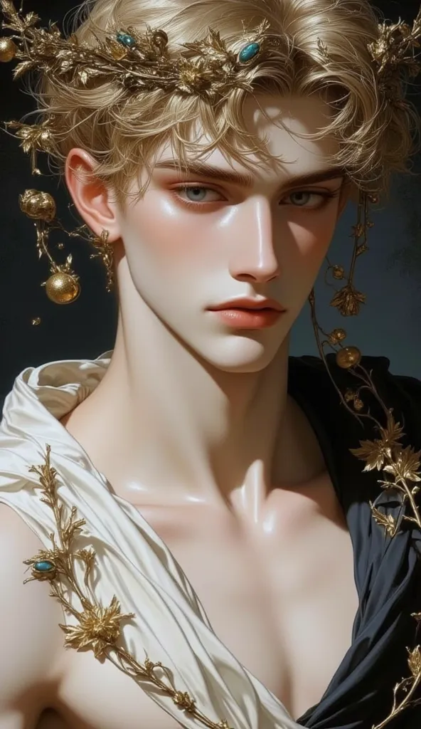 Antinous. The most beautiful boy Who is fair wears grapevine wreathes in hair, Blonde Balayage hair, blue doe eyes and clean shaved, young, semi nude.