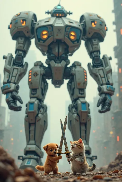 Puppy cat with sword in front of a giant robot