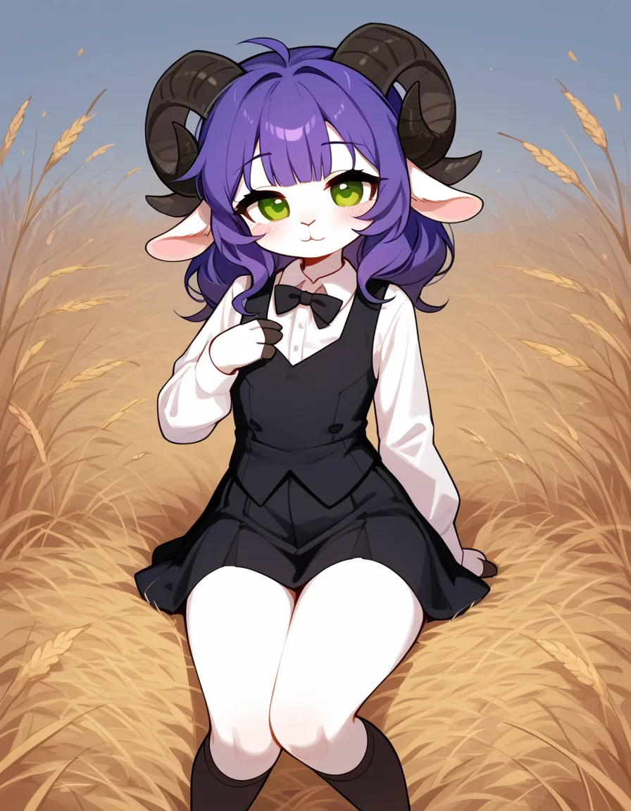 check_9,check_8_ upwards,check_7_ upwards,  adult ram, best quality , flat chest, lamb ears  , sheep horns , very detailed illustration , fair skin, ( Anthropomorphic guy:1,7), fair skin , black vest , black skirt, white shirt, purple hair, green eyes, (19...