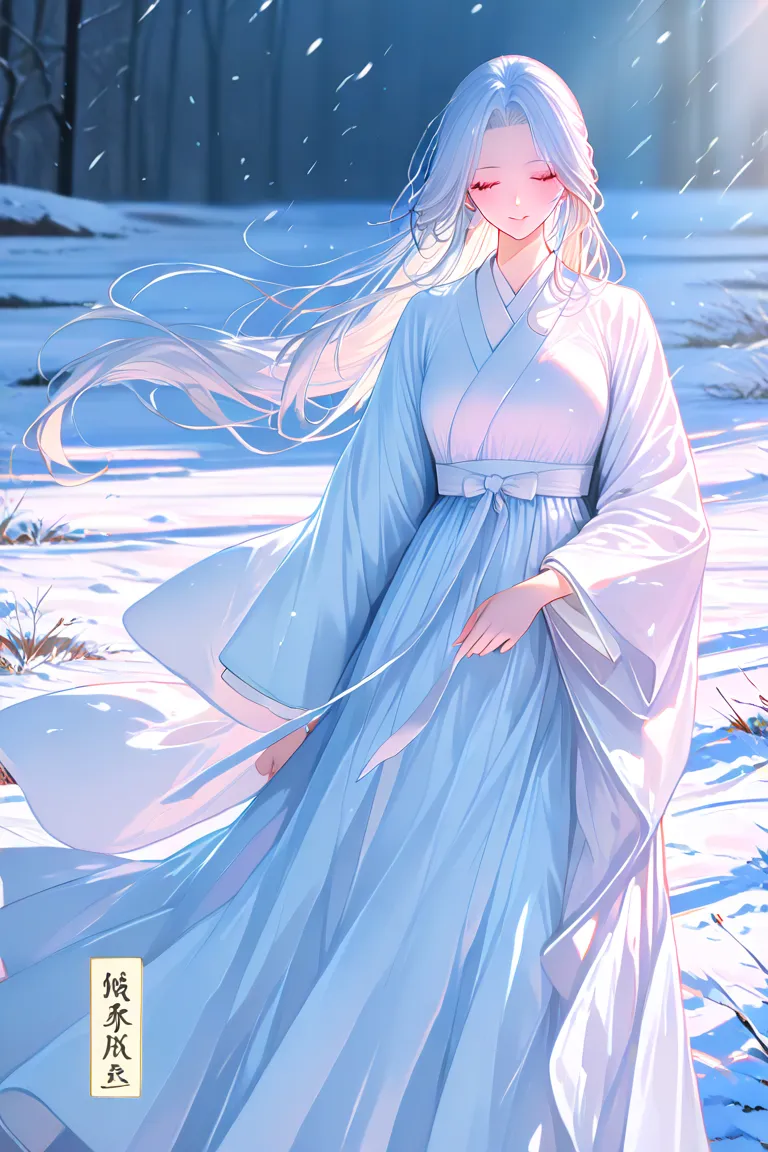 Best quality, 4K picture quality, 1girl, white Hanfu, snow, long hair fluttering in the wind, healing smile, large aperture, blurred background