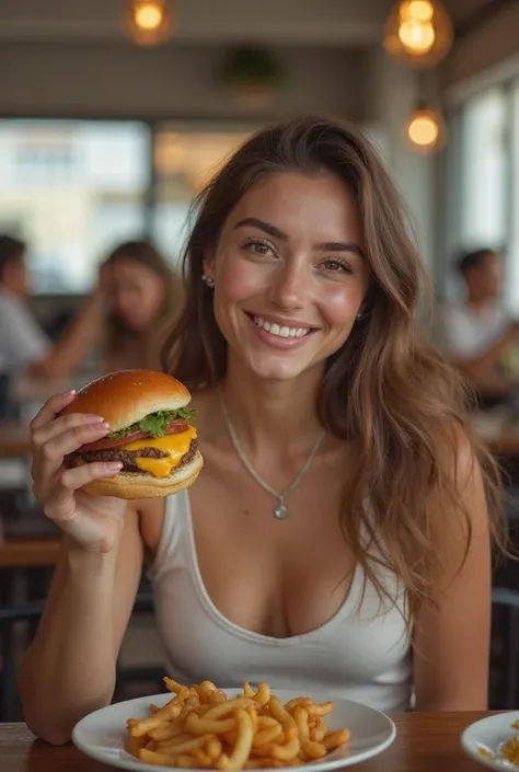 A photo-realistic shoot from a close-up camera angle about a young brazilian woman enjoying a cheeseburger in a restaurant setting. the image also shows other patrons in the background. on the middle of the image, a 20-year-old woman with light skin and lo...