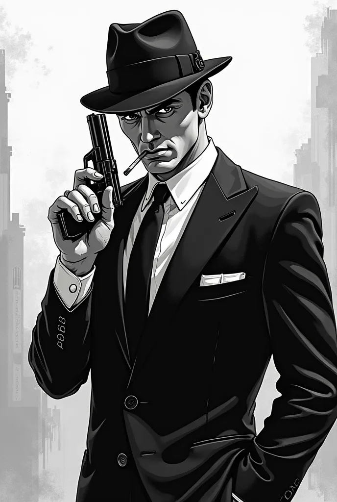 007 black and white cartoon with gun and cigarette in the mouth 