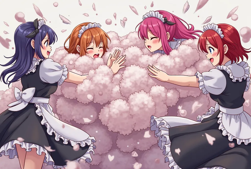 An anime-style illustration depicting many vampire-maids playfully wrestling with each other inside a blood comical fight cloud.
each maid has different colored hair.
their faces,hands,and feet are visible emerging from the cloud as they tussle humorously,...