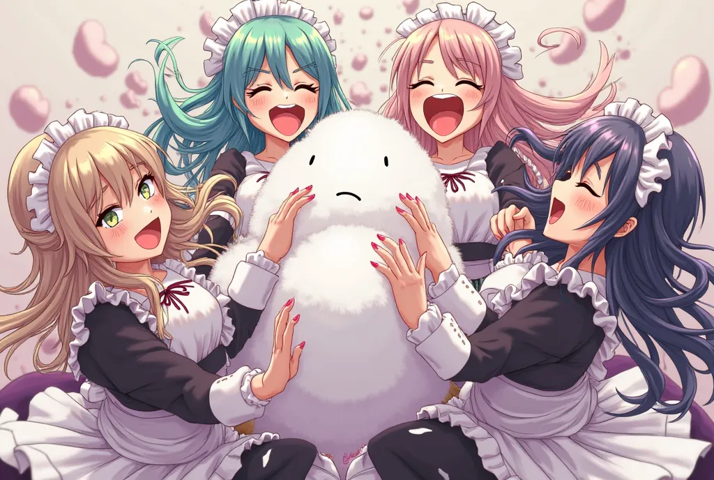 An anime-style illustration depicting many vampire-maids playfully wrestling with each other inside a blood comical fight cloud.
each maid has different colored hair.
their faces,hands,and feet are visible emerging from the cloud as they tussle humorously,...