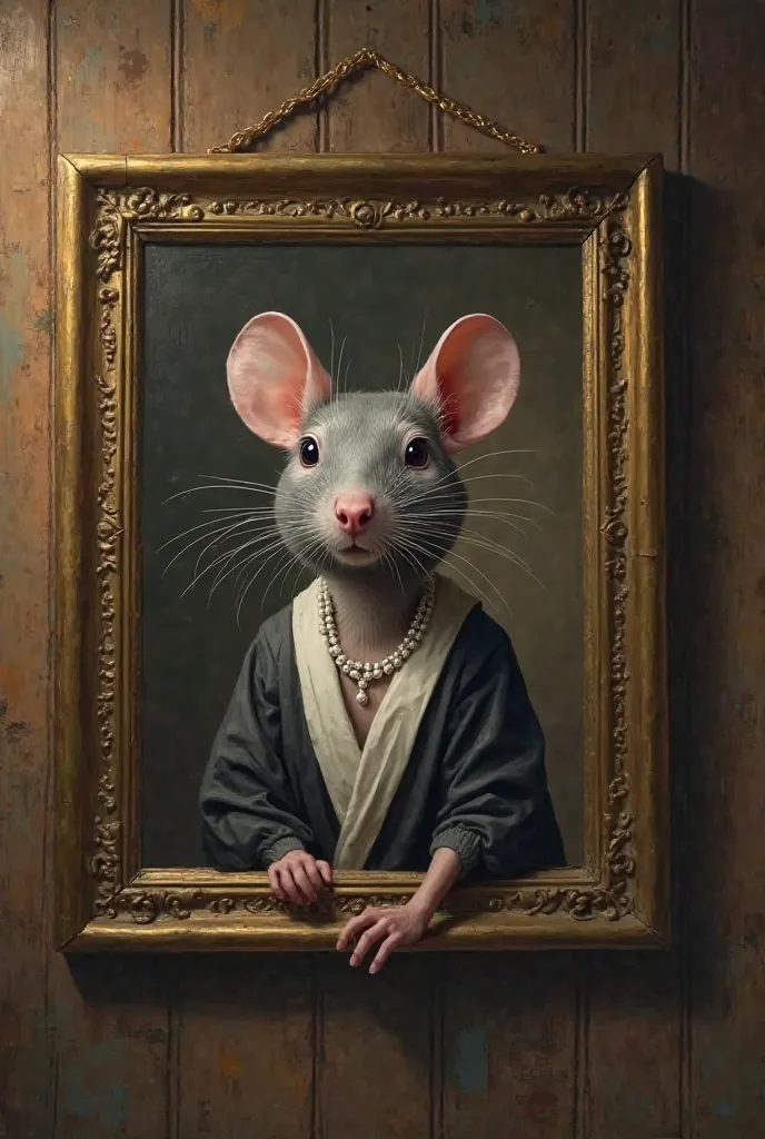 Old lady rat picture hanging on a wall