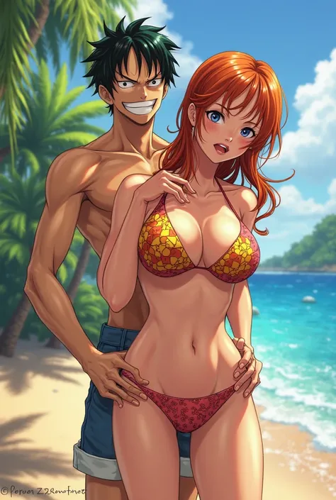 Draw the character of Nami in one piece with a bikini bent forward. Let Luffy stand behind him and hold him by the waist.