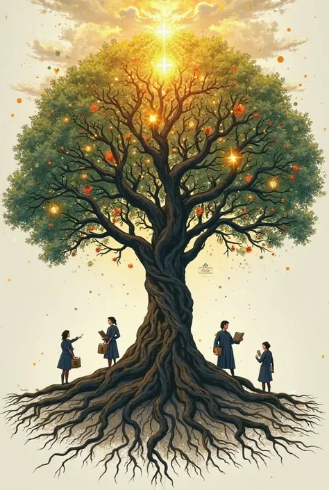 make it a bit easier to draw. The Tree of Knowledge and Unity – This concept features a large, strong tree with deeply intertwined roots and branches, symbolizing the integration of different academic disciplines within Jesuit education. The roots represen...