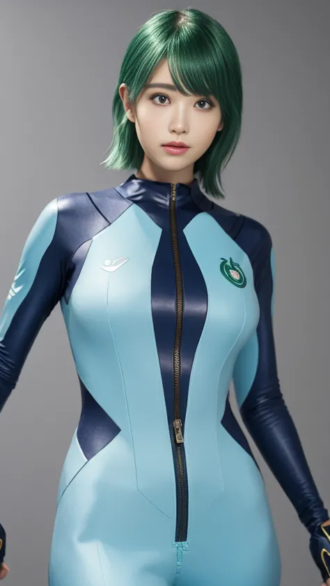 beautiful proportions , photorealistic, a beauty girl,complicated details, big breasts, blue zero suit、emerald green hair