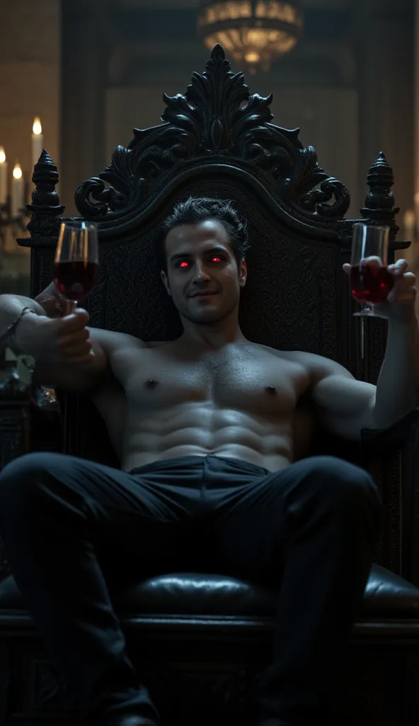 A noble vampire lounges on his stone throne, his posture relaxed and unbothered, as if the world holds no authority over him. In one hand, he lazily holds a glass of dark red wine, its color echoing the eerie glow of his crimson eyes. His skin is ashen gra...