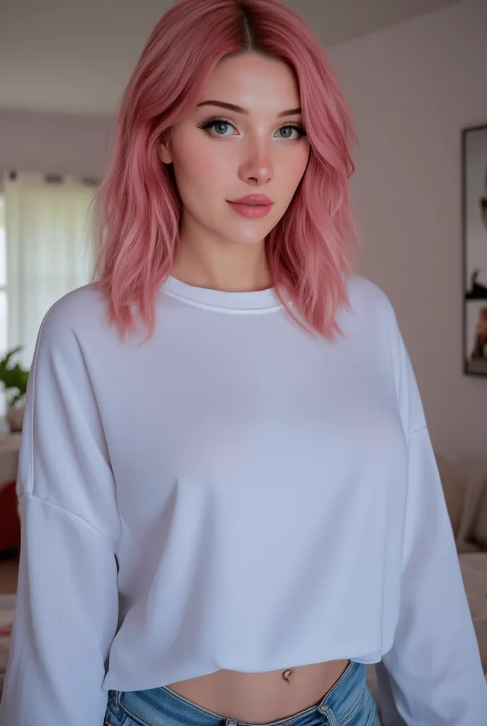 `ultra-realistic, 8K, highly detailed, no errors, young woman, 18 years old, shoulder-length wavy pink hair, voluminous silicone breasts and buttocks, thick thighs, emerald green eyes, heart-shaped face, fair skin, full lips, well-defined eyebrows, soft na...