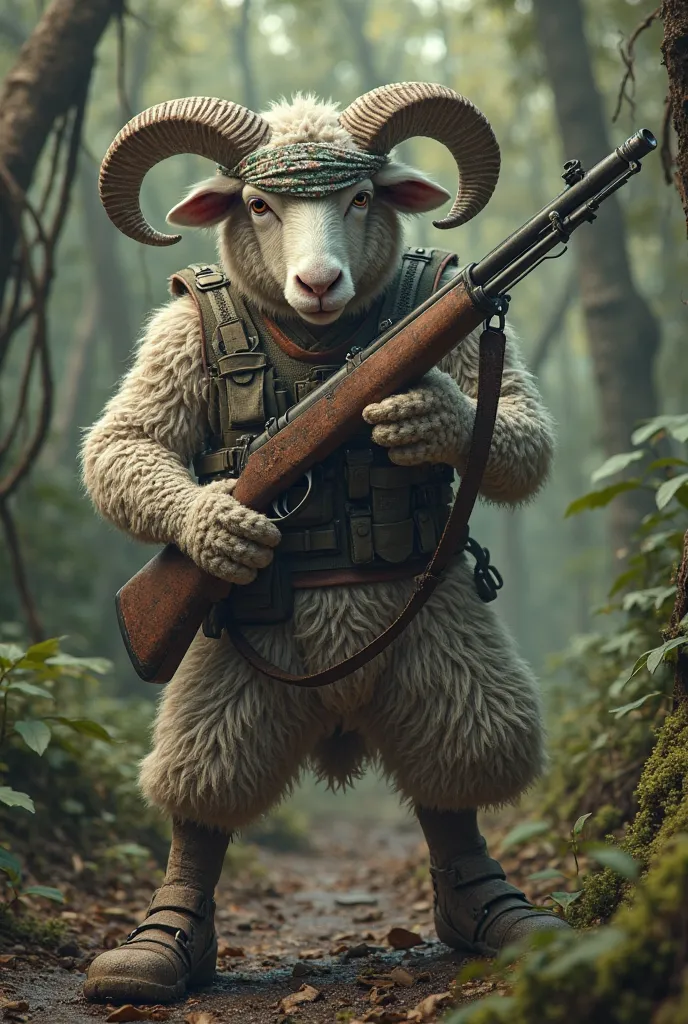 High quality, 8K ultra HD, a male Furry sheep dressed like Rambo with an old rifle 