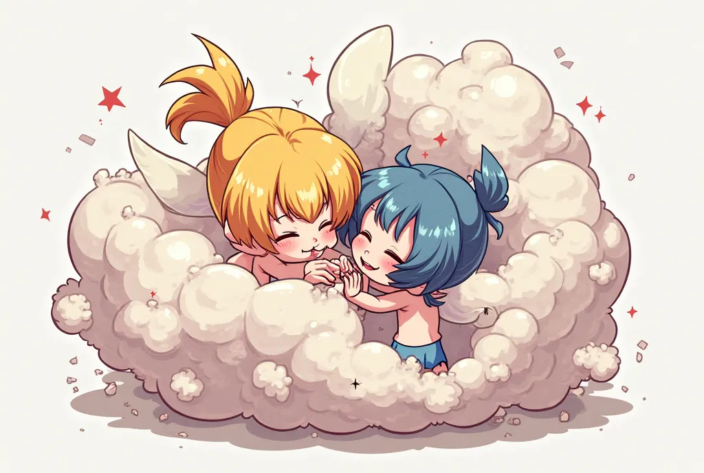 An anime-style illustration depicting many fairies playfully wrestling with each other inside a  comical fight cloud.
each fairy has different colored hair.
their faces,hands,and feet are visible emerging from the cloud as they tussle humorously,  with the...