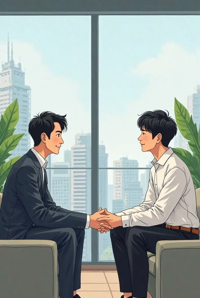 Cartoon image The office located on a high-rise building has not very large indoor plants, the back is mirrored, with the same 2 seater sofas in the room with 3 Korean people, 2 men sitting on the sofa, the person on the left, about 29 years old, wearing a...