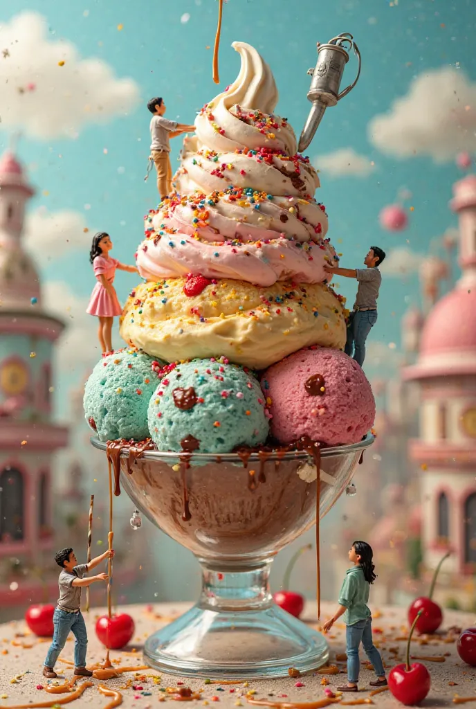 A whimsical ice cream parlor where a towering ice cream sundae is being created. Tiny humans are scooping giant mounds of colorful ice cream, one person is pouring hot fudge from a watering can, while another sprinkles rainbow toppings from a bucket. A tea...