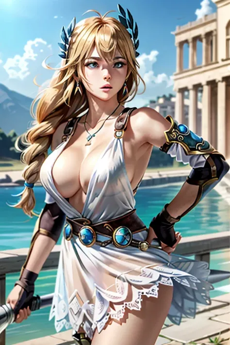 Armpit show,(masutepiece:1.4),(Best Quality:1.4),(is absurded:1.4),pin - up , Sophitia_whitedress_aiwife, Sophitia_whitedress_aiwife,Blonde hair,Large breasts,Long hair,braid,blue eyes,Jewelry,arm,cleavage,sword ,armor,sheild,earrings,single braid,Dress,Be...