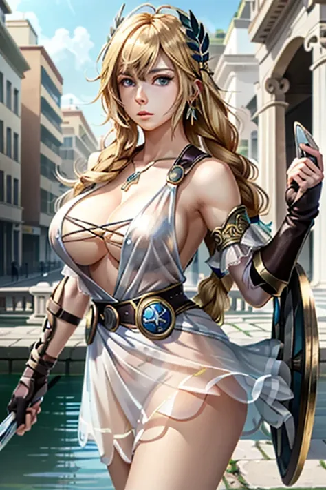 Armpit show,(masutepiece:1.4),(Best Quality:1.4),(is absurded:1.4),pin - up , Sophitia_whitedress_aiwife, Sophitia_whitedress_aiwife,Blonde hair,Large breasts,Long hair,braid,blue eyes,Jewelry,arm,cleavage,sword ,armor,sheild,earrings,single braid,Dress,Be...