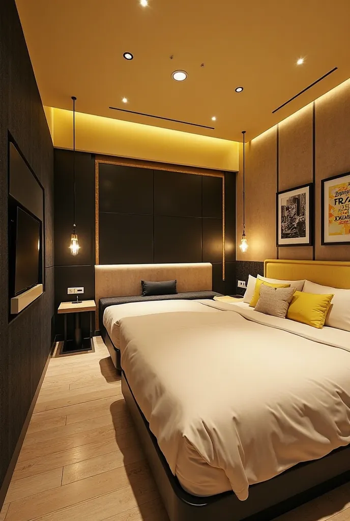 Rooms at a McDonalds hotel with shades of black, cream and yellow, the place should be familiar and modern