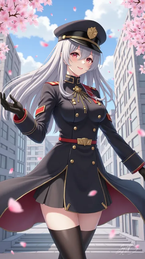 The、female soldier with a dignified vibe。long gray hair swaying in the wind、wears a uniform with a gold patch on a black military cap。uniform sitting on the background of the city is based on black、accented with a red epaulette and gold buttons。wears a dec...