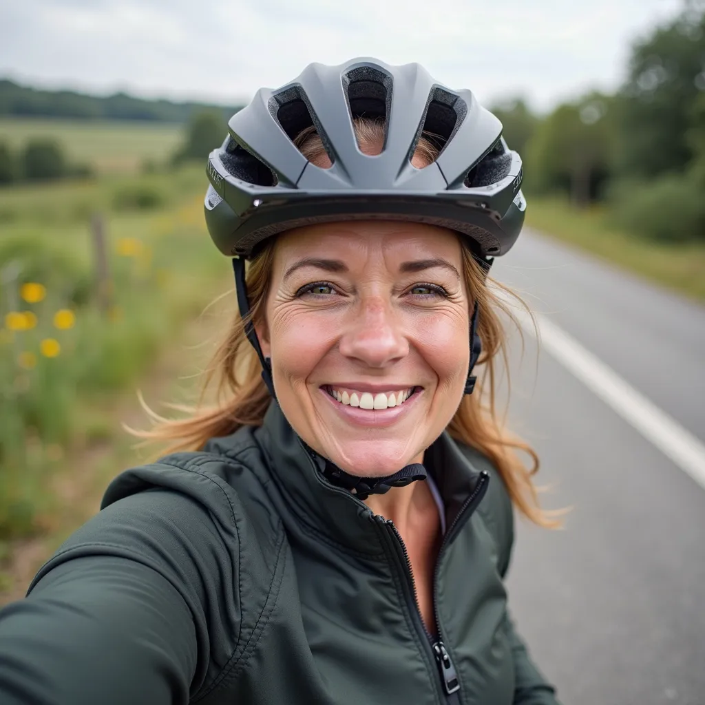 UGC ONE-HAND SELFIE. Random person went for a bike ride on an electric bike. on the way he took a photo of himself during a rest. Selfie with one hand! . Beautiful but slightly chubby slightly overweight plump slim woman. One-handed selfie photo. The cycli...