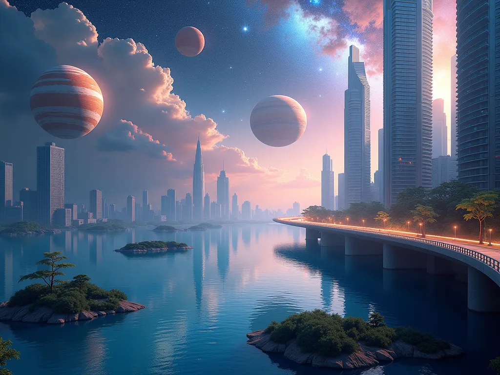 The phantasmagoric cosmic sea of dreams with the islands of worlds flying in it is connected by a bridge to the skyscrapers of our reality. In the distance you can see huge planets and galaxies. A weightless bridge rises from this sea, like a combination o...