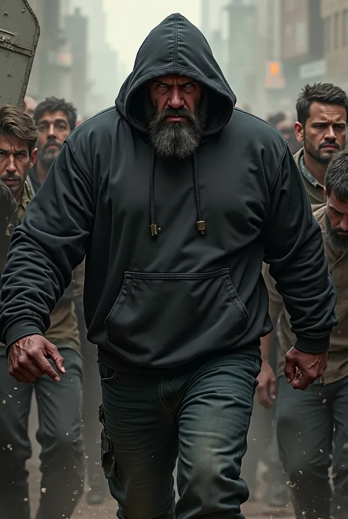 a brutal, thick-set, well-groomed man in a black hoodie for 45 years walks with his back through people, stands out against the background of a metal shield