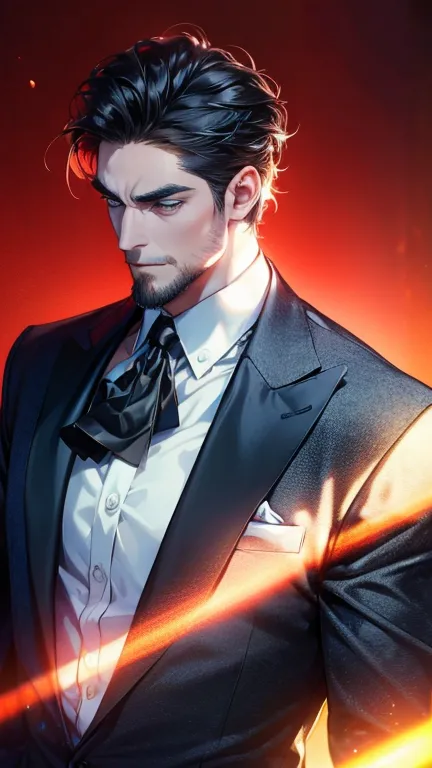 (             CEO      ,4K,8k,         highres,        masterpiece :1.2),         ultra-detailed   ,(Realistic,photoRealistic,photo-Realistic:1.37),36-year-old man,3 day beard,Beautiful anime,Portraits,strong,masculine,          with black hair  ,sharp jaw...