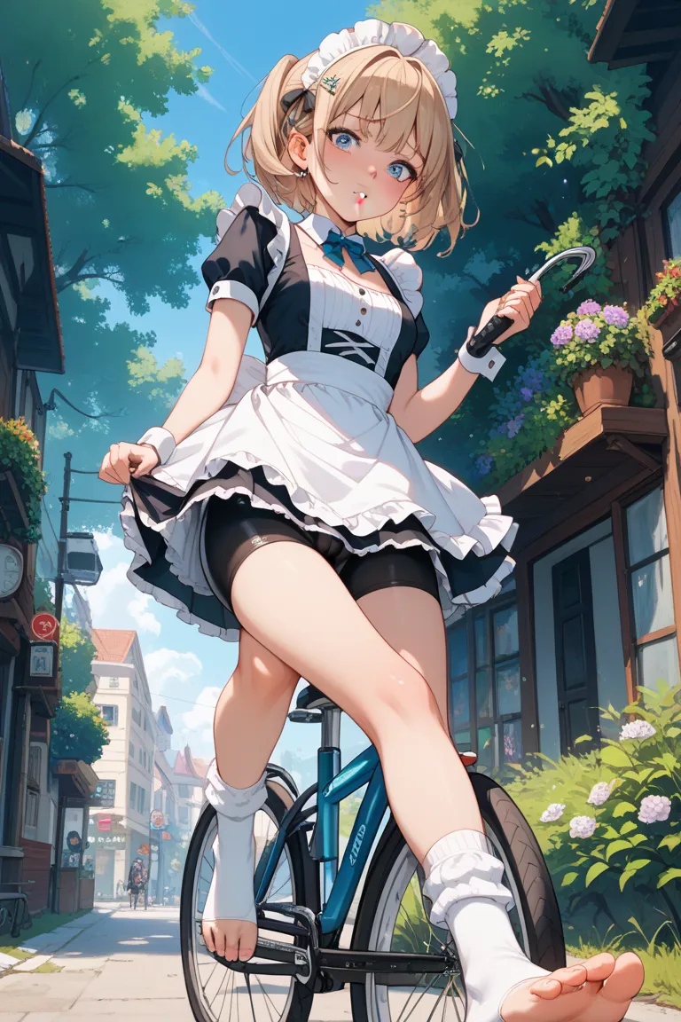 1 girl、Maid、is sitting、ruffle socks、 from below、 Ashikiri、embarrassing、bicycle shorts、 puffy lips、 toeless legwear、cross lace legwear with visible chin、masterpiece、Highest quality、 uncensored