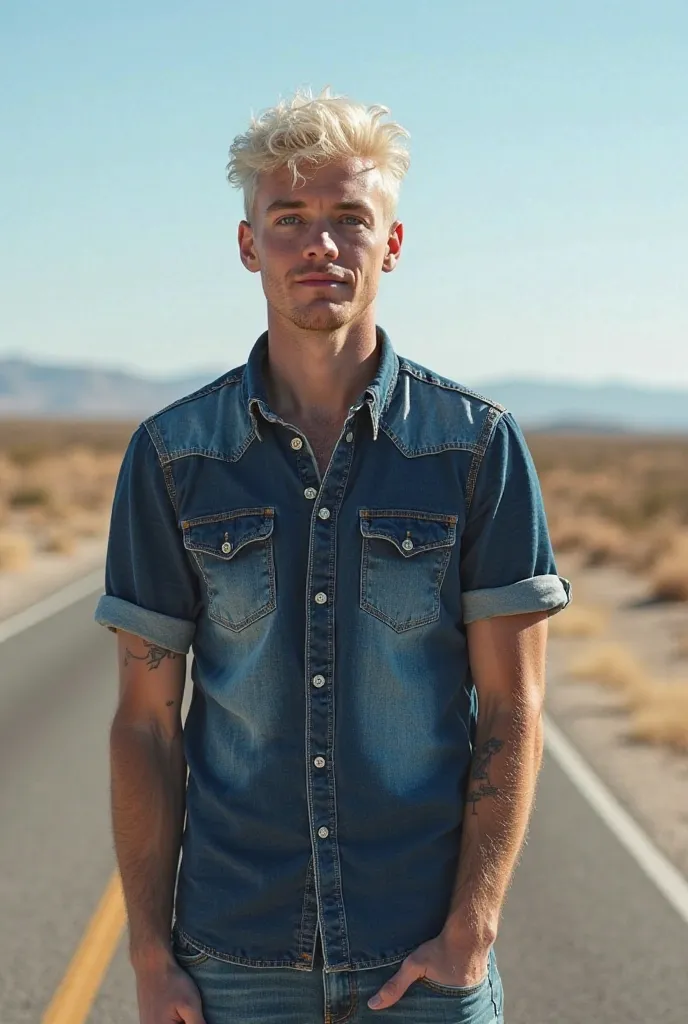 Image of a rock singer with a height of 1,72 white curly hair black, And blue eyes with short hair coming from the front on a deserted road he wears All Star, Jeans, And a navy blue shirt Jeans with short sleeves and buttons
