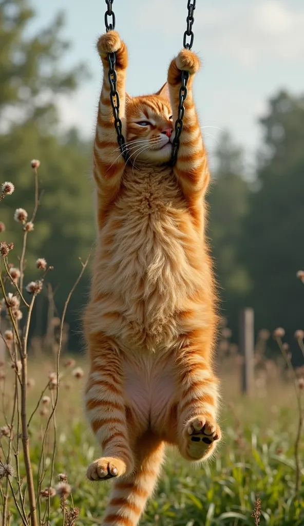 a giant orange cat upside down, he just got caught in a trap in the middle of the farm, the trap caught him by the legs, he is upside down
