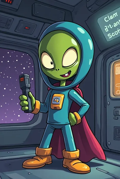 Create an adventure time cartoon style image of a Martian dressed in space clothing holding a pager inside a ship 
It would be an image for YouTube so I think it would have to be 2.560 px by 1.440 px,  Horizontal image 