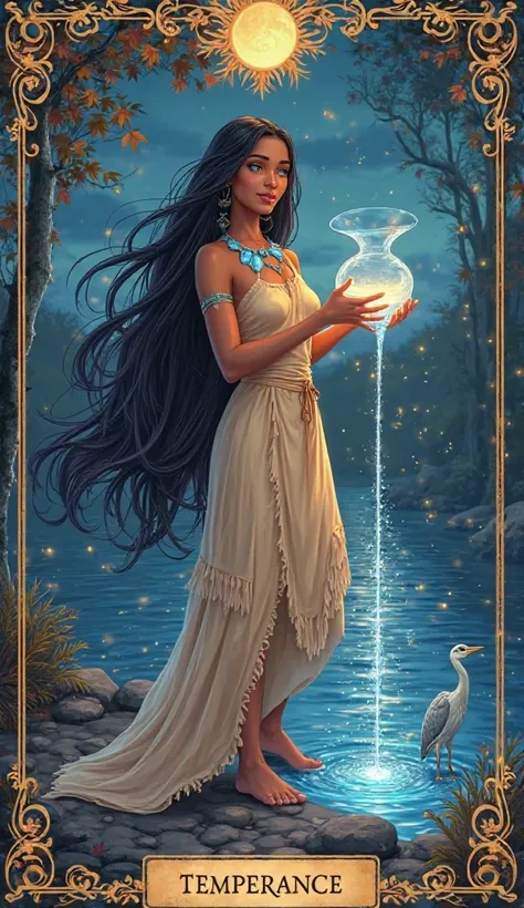 Create a semi-realistic, cartoon style, character design, super detailed, fantasy-inspired with high attention to detail of A serene and mystical depiction of Pocahontas from Pocahontas (1995), reimagined as the Temperance tarot card. She stands gracefully...