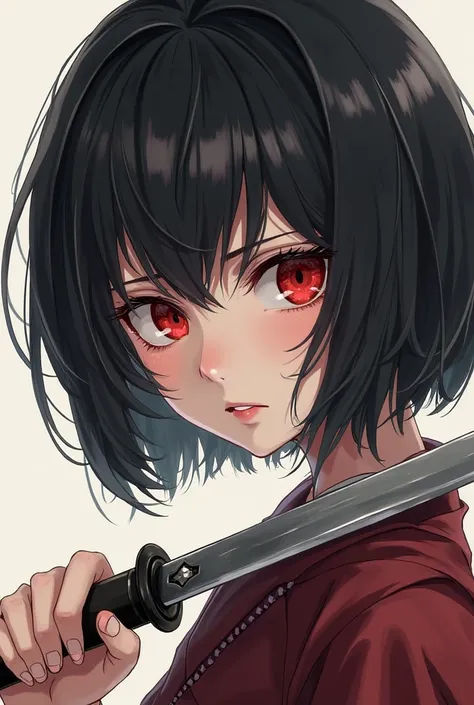 1 girl,  black haired bob, anatomically correct, anime style, Japanese illustration style, about 18 years old, red eyes,simple background,  Crazy Eyes ,samurai,knife