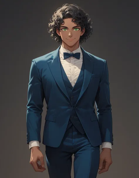 Slender anime man but have muscles,in a blue   Tuxedo, brown skin,black hair,green eyes, tall,hotHigh Resolution, Masterpiece, Medium Hair, Curly Hair, Closed Mouth, Smile, Ukiyo-e, 