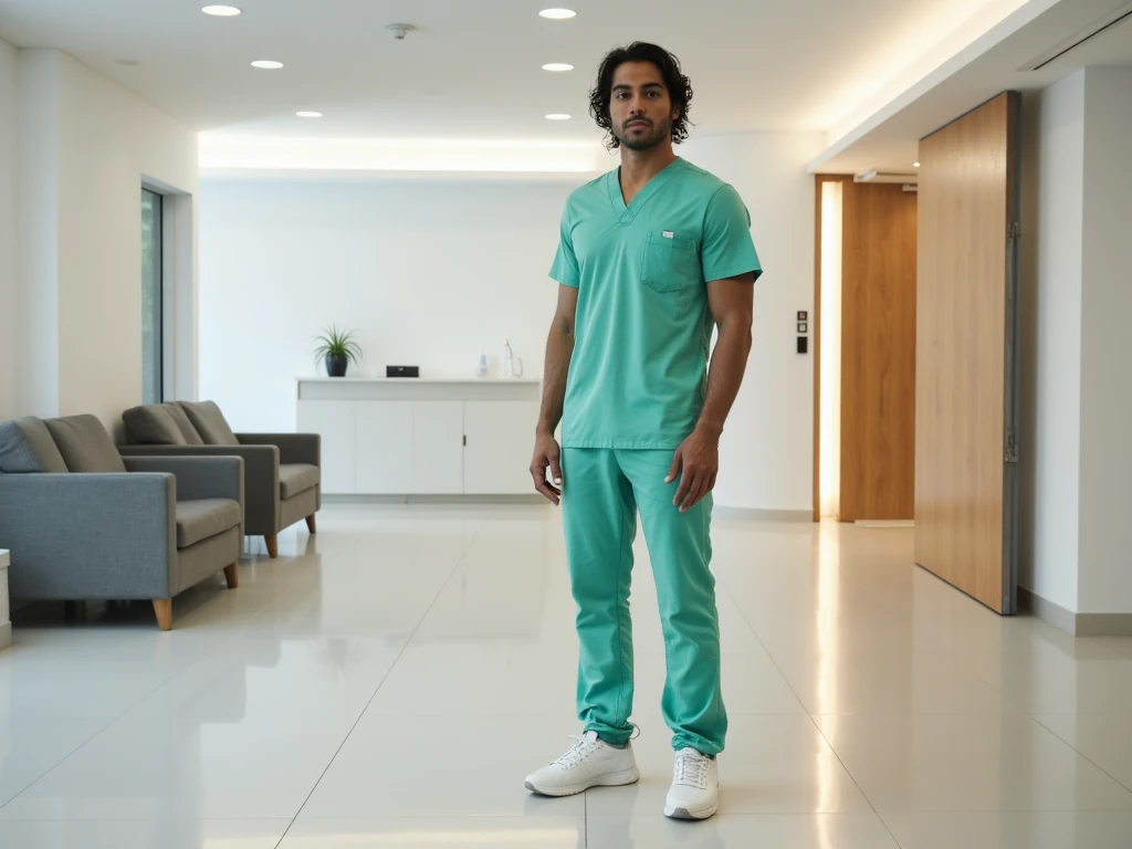 A modern hospital’s indoor waiting area features clean, light-colored flooring and white walls. And modern office. To the right, there is a glass sliding door with a vibrant camel-colored wooden frame.

In the corner, a very tall, athletic handsome man sta...