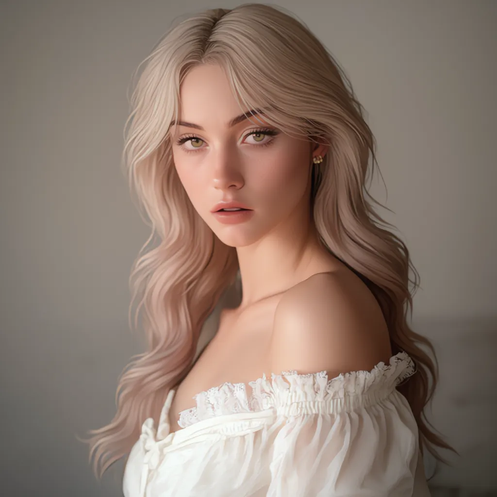 Blonde girl, standing, pretty face, green eyes, looking at the viewer, white dress, styling hair, potrait photo