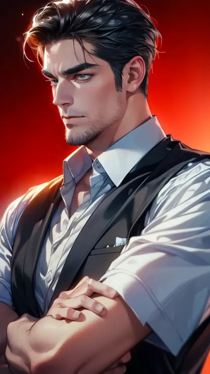 (             CEO      ,4K,8k,         highres,        masterpiece :1.2),         ultra-detailed   ,(Realistic,photoRealistic,photo-Realistic:1.37),36-year-old man,3 day beard,Beautiful anime,Portraits,strong,masculine,          with black hair  ,sharp jaw...