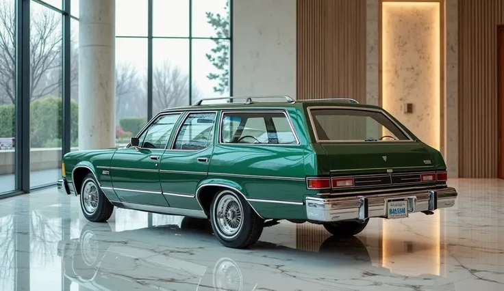 A [CAR_MODEL : 1970 ford country squire  ] parked in a luxury showroom, [DOORS: all four doors close with ZERO visible interior parts (no seats, dashboard, or panels)]. Shot from [ANGLE: strict back right side view ] to emphasize [FOCUS: exterior design + ...