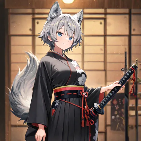 ((masterpiece)), (( Highest quality)), (( High Resolution)), 、8k、((   Detailed Description  )),  1 adult female in her 20s(  wolf ear、gray hair、 shortcuts、 short hair 、 straight 、 blue eyes、 wolf tail 、cute、、medium breasts)、((、、 black kimono、smile、 stares、...