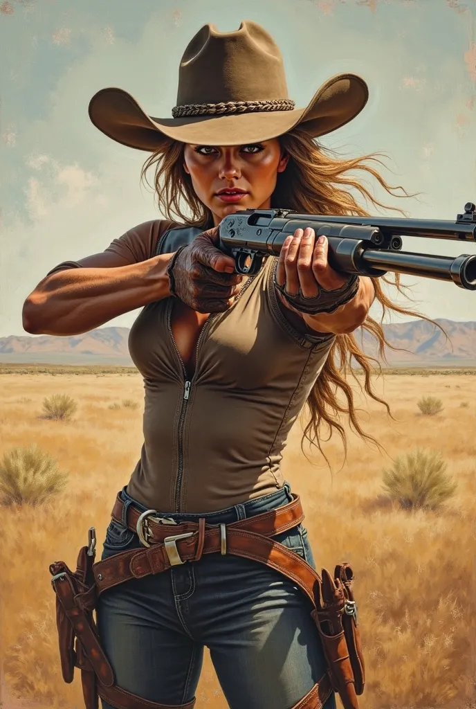 modern painting, Cowgirl woman with shotgun in her hands in shooting position