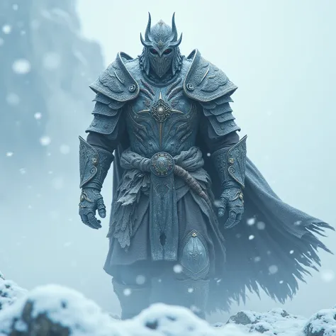 An imposing ancient warrior wearing an ancient Merdules mask in the middle of a snowstorm.