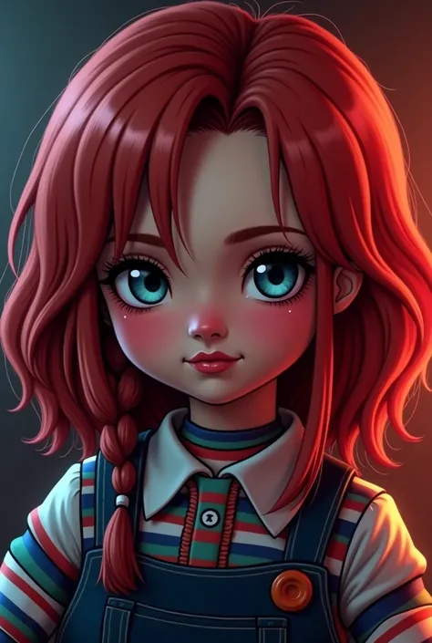 un magnifique portrait de Tiffany dans le style anime, La femme de Chucky, beaux yeux détaillés, belles lèvres détaillées, visage extrêmement détaillé, longs cils, coiffure complexe, Tenue lolita gothique élégante, éclairage dramatique, palette de couleurs...