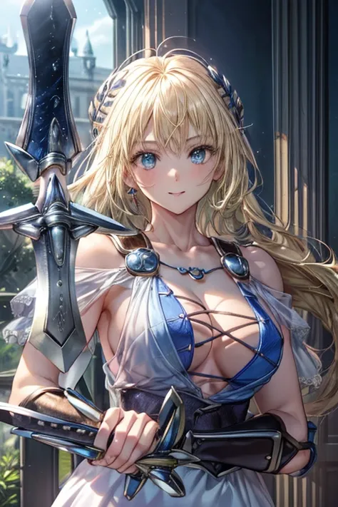 Very detailed、highest quality、Best image quality、masterpiece、8k、Anime Face、A kind smile、Open your mouth、Sparkling blue eyes、(Blonde:1.5)、(holding a two - handed sword:1.5)、Muscles of the whole body、Sophitia Alexandra