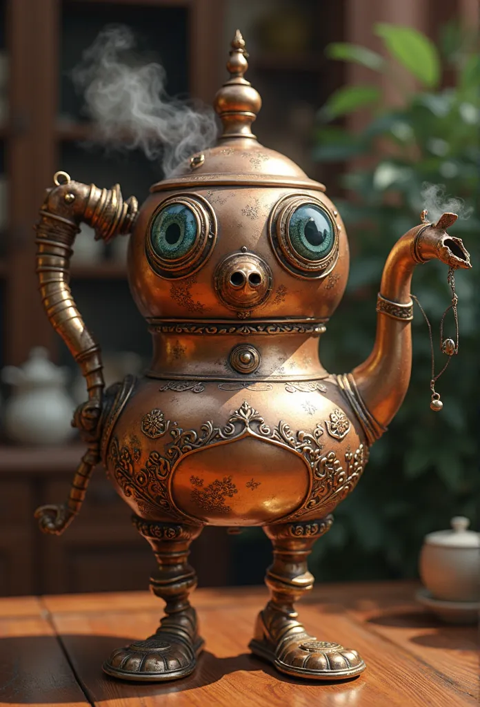 *“A hyper-realistic, ultra-high-definition 4K render of a bizarre yet charming creature fused with a vintage metal kettle. The creature’s main body is a polished yet slightly tarnished copper kettle, with ornate engravings along the base and delicate flora...