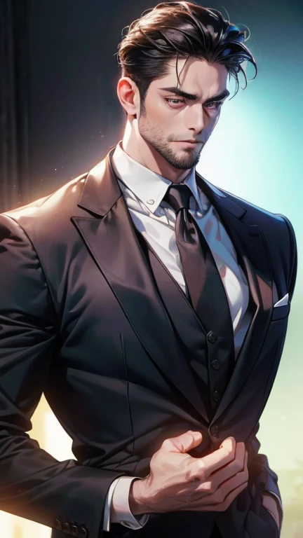 (             CEO      ,4K,8k,         highres,        masterpiece :1.2),         ultra-detailed   ,(Realistic,photoRealistic,photo-Realistic:1.37),36-year-old man,3 day beard,Beautiful anime,Portraits,strong,masculine,          with black hair  ,sharp jaw...