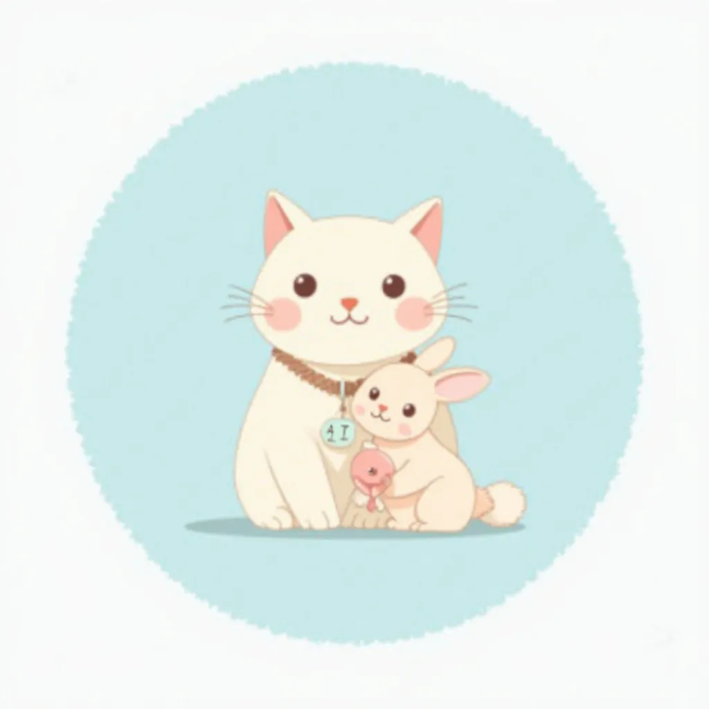 
"Design a circular profile image with a light blue background. in the center, draw a cat sitting with a bunny in its arms, both looking forward with friendly expressions. The cat has a necklace with a small plate that says' AI '. Animals should be drawn i...