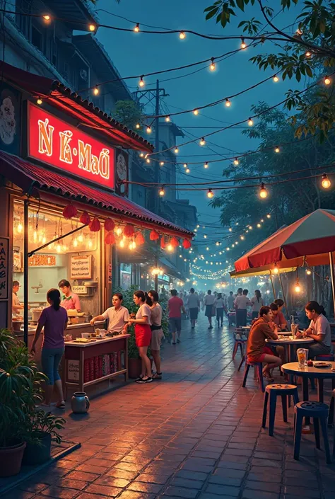 Create a Vietnamese roadside eatery at night 