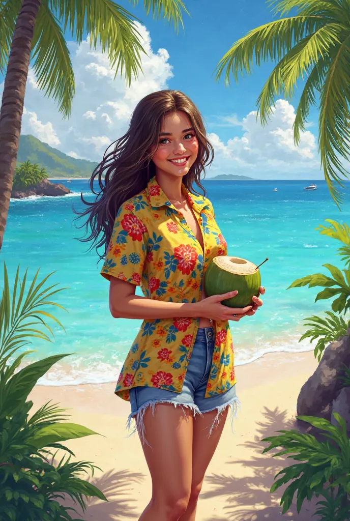 , generate a girl named Alina in a Hawaiian shirt, with a coconut in your hands against the sea with palm trees in the background