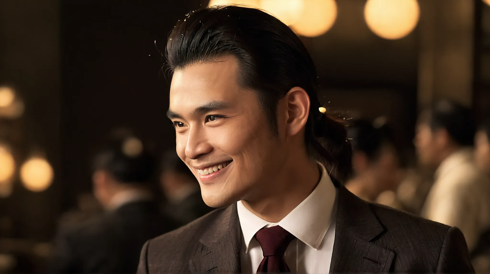 A 25-year-old Japanese man. Dark brown hair pulled back, a gentleman in a calm suit. (Profile, Smile: 1.5), High quality, photorealistic, fine facial details, exquisite detailing. Warm lighting, elegant atmosphere, shallow depth of field, dramatic lighting...